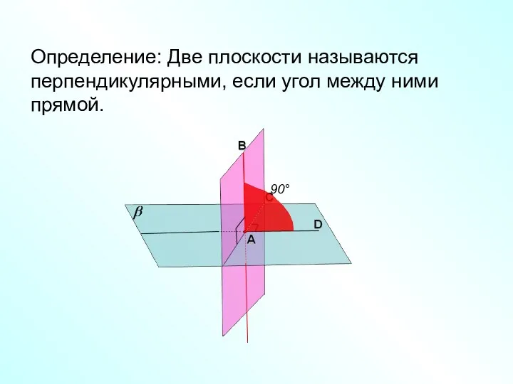 Определение: Две плоскости называются перпендикулярными, если угол между ними прямой. 90°