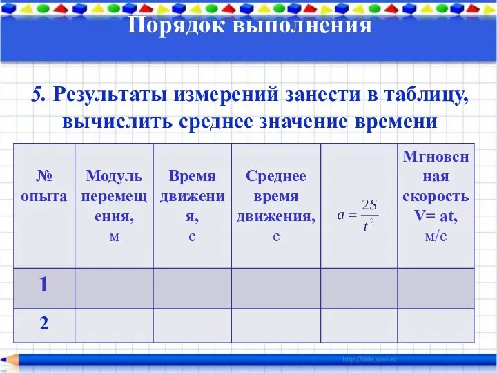 Порядок выполнения 5. Результаты измерений занести в таблицу, вычислить среднее значение времени