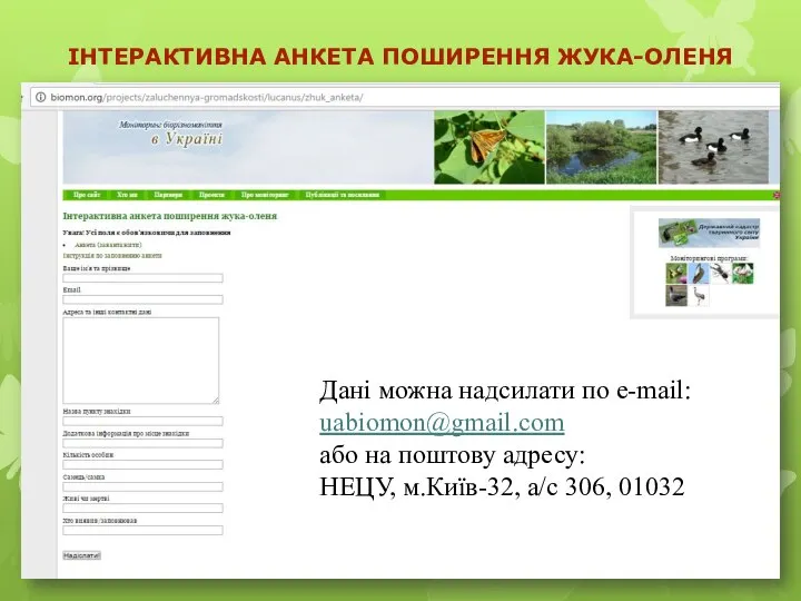 ІНТЕРАКТИВНА АНКЕТА ПОШИРЕННЯ ЖУКА-ОЛЕНЯ Дані можна надсилати по e-mail: uabiomon@gmail.com або