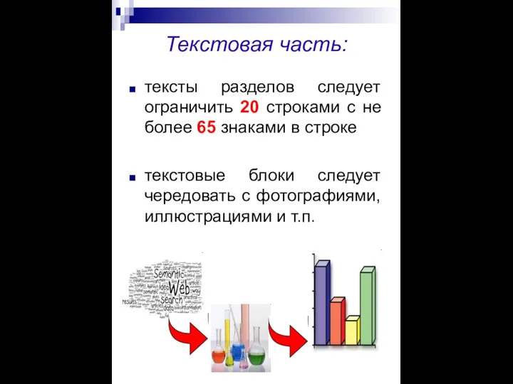 Текстовая часть: тексты разделов следует ограничить 20 строками с не более