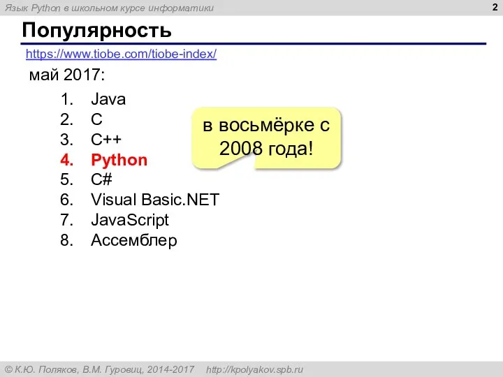 Популярность https://www.tiobe.com/tiobe-index/ май 2017: Java C C++ Python C# Visual Basic.NET