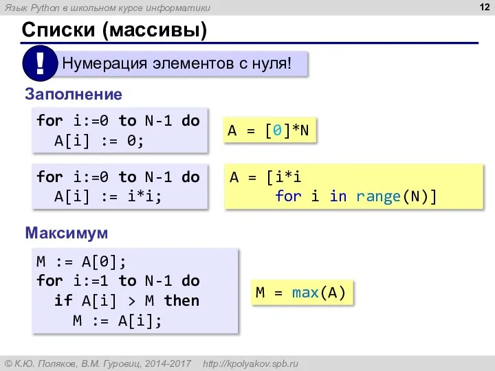 Списки (массивы) Заполнение A = [0]*N for i:=0 to N-1 do