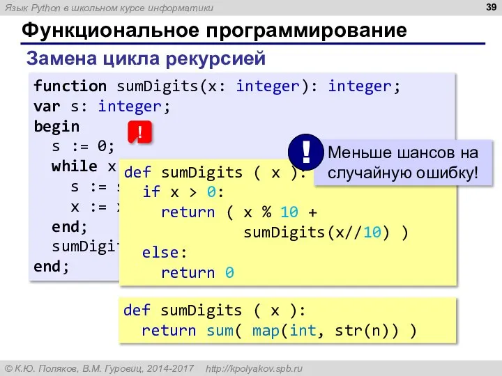 Функциональное программирование Замена цикла рекурсией function sumDigits(x: integer): integer; var s: