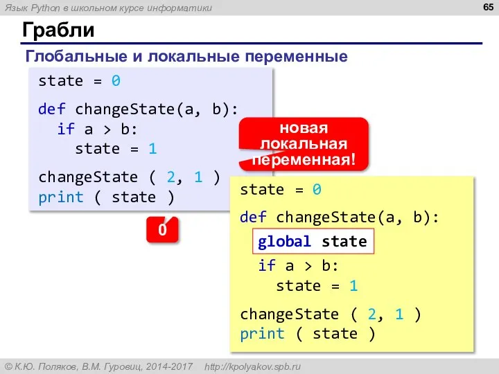 Грабли Глобальные и локальные переменные state = 0 def changeState(a, b):