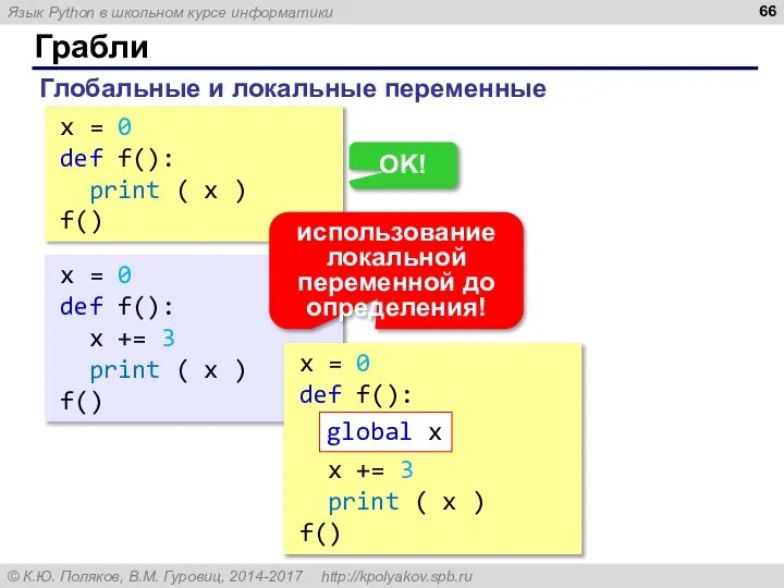 Грабли Глобальные и локальные переменные x = 0 def f(): print