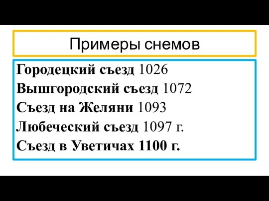 Примеры снемов Городецкий съезд 1026 Вышгородский съезд 1072 Съезд на Желяни