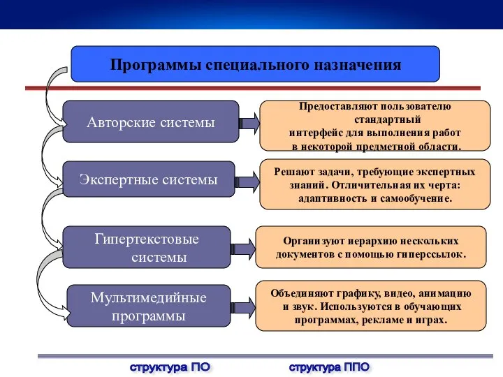 Программы специального назначения Авторские системы Мультимедийные программы Экспертные системы Предоставляют пользователю