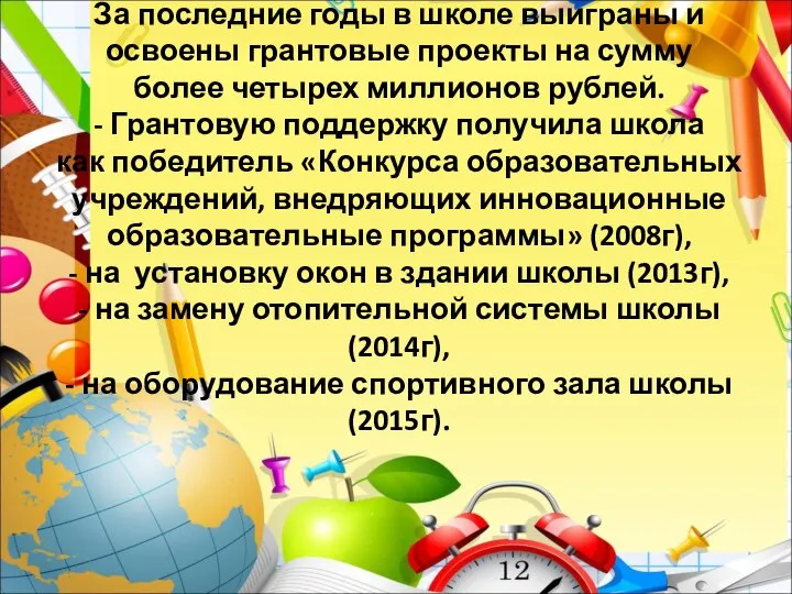 За последние годы в школе выиграны и освоены грантовые проекты на