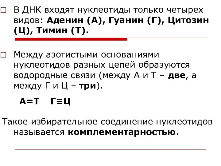 В ДНК входят нуклеотиды только четырех видов: Аденин (А), Гуанин (Г),