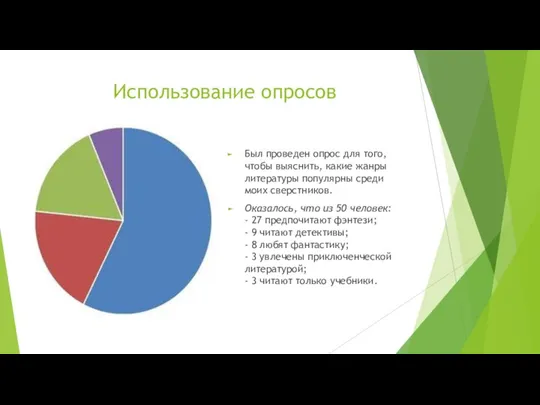 Использование опросов Был проведен опрос для того, чтобы выяснить, какие жанры