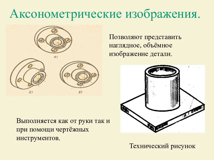 Аксонометрические изображения. Выполняется как от руки так и при помощи чертёжных