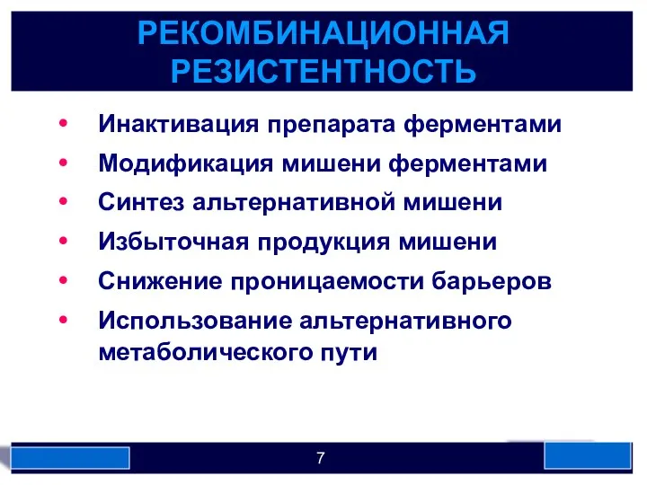 РЕКОМБИНАЦИОННАЯ РЕЗИСТЕНТНОСТЬ Инактивация препарата ферментами Модификация мишени ферментами Синтез альтернативной мишени