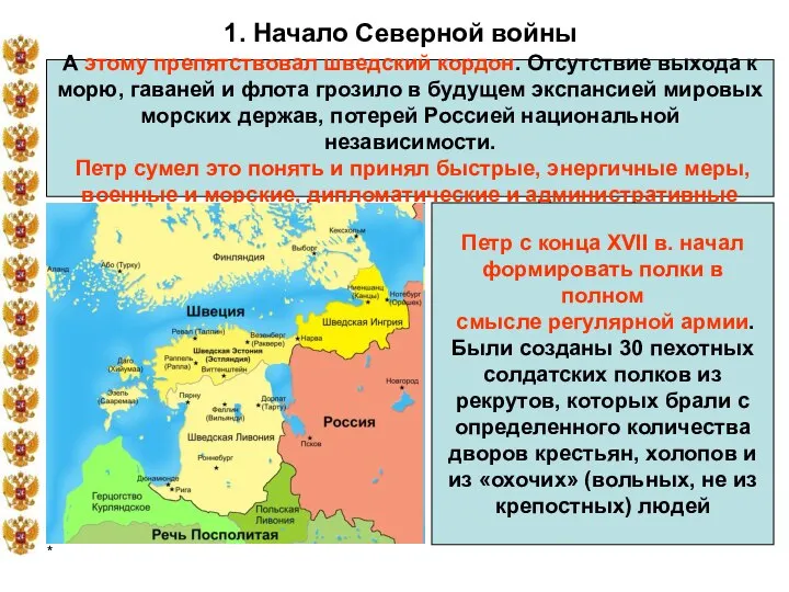 * 1. Начало Северной войны А этому препятствовал шведский кордон. Отсутствие