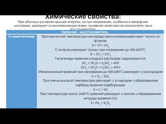 Химические свойства: При обычных условиях весьма инертен, но при нагревании, особенно