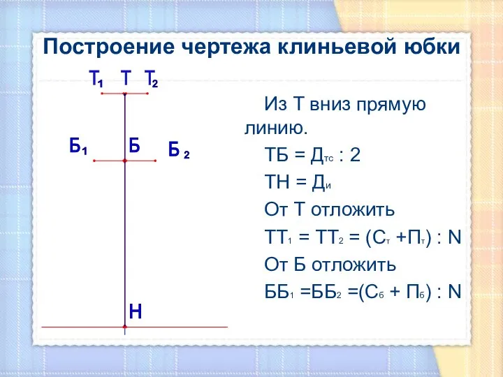 Построение чертежа клиньевой юбки Из Т вниз прямую линию. ТБ =