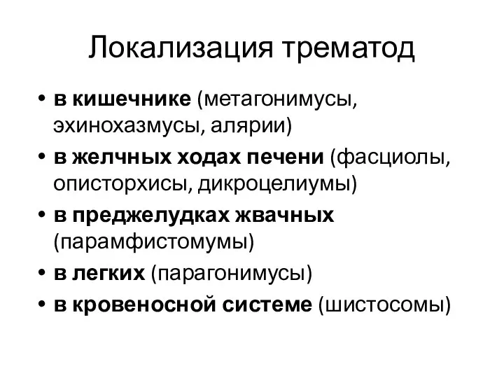 Локализация трематод в кишечнике (метагонимусы, эхинохазмусы, алярии) в желчных ходах печени