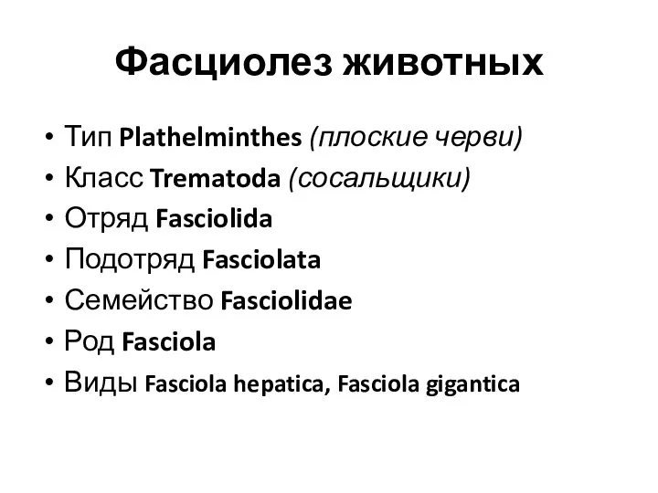 Фасциолез животных Тип Plathelminthes (плоские черви) Класс Trematoda (сосальщики) Отряд Fasciolida