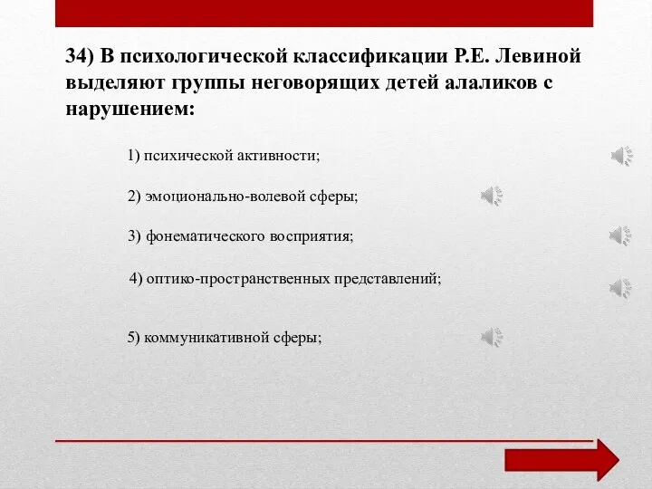 34) В психологической классификации Р.Е. Левиной выделяют группы неговорящих детей алаликов