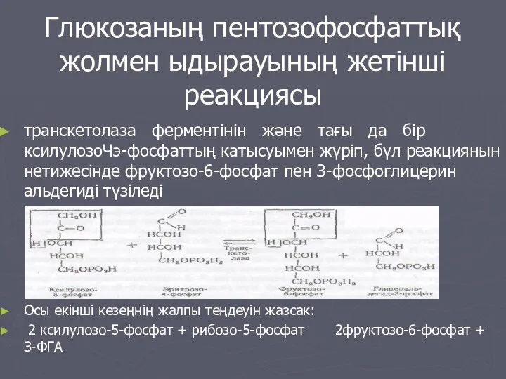 Глюкозаның пентозофосфаттық жолмен ыдырауының жетінші реакциясы транскетолаза ферментінін және тағы да