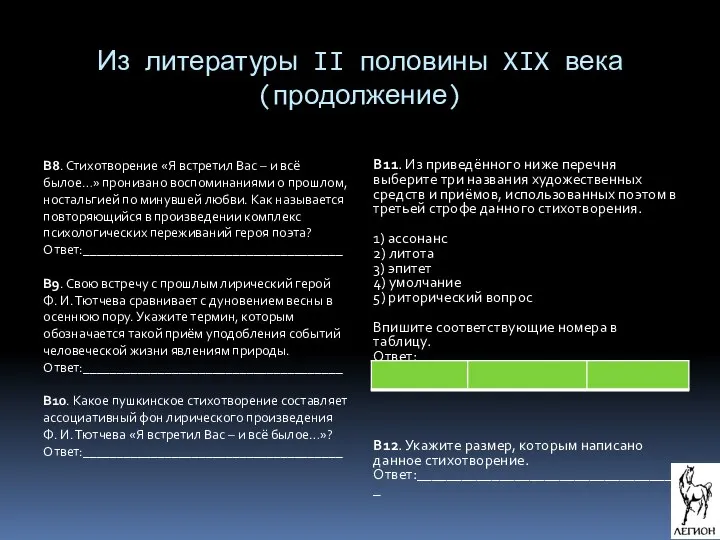 Из литературы II половины XIX века (продолжение) В8. Стихотворение «Я встретил