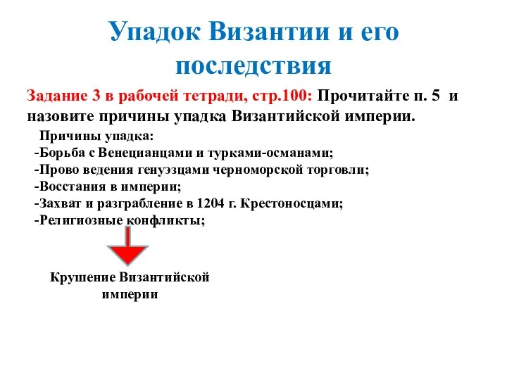 Упадок Византии и его последствия Причины упадка: Борьба с Венецианцами и