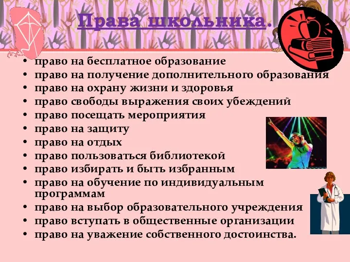 Права школьника. право на бесплатное образование право на получение дополнительного образования