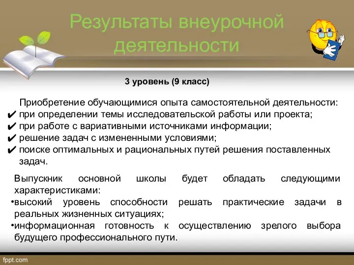 Результаты внеурочной деятельности 3 уровень (9 класс) Приобретение обучающимися опыта самостоятельной