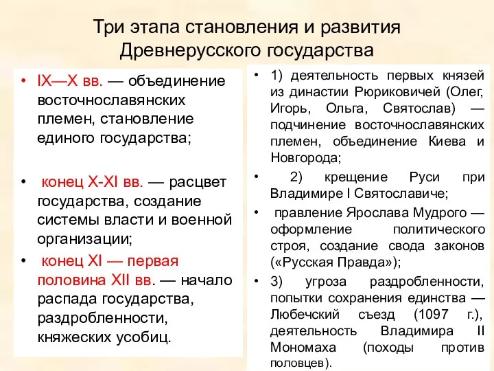 Три этапа становления и развития Древнерусского государства IX—X вв. — объединение