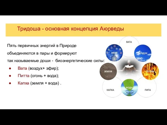 Тридоша - основная концепция Аюрведы Пять первичных энергий в Природе объединяются