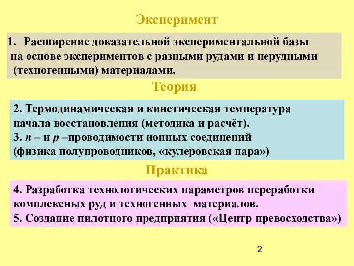 Расширение доказательной экспериментальной базы на основе экспериментов с разными рудами и