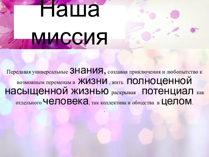 Наша миссия Передавая универсальные знания, создавая приключения и любопытство к возможным