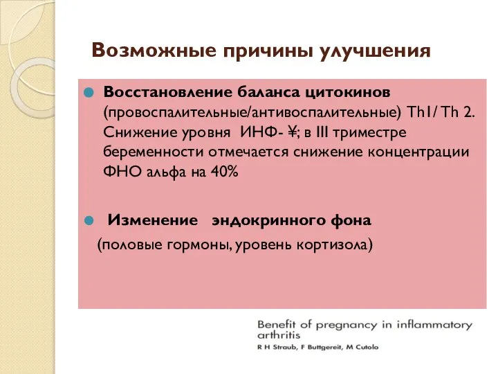 Возможные причины улучшения Восстановление баланса цитокинов (провоспалительные/антивоспалительные) Th1/ Th 2. Снижение