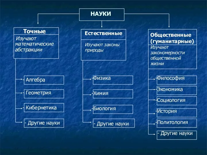 НАУКИ Точные Изучают математические абстракции Алгебра Геометрия Кибернетика - Другие науки