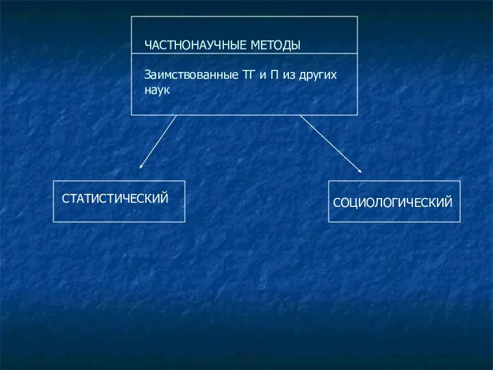 ЧАСТНОНАУЧНЫЕ МЕТОДЫ Заимствованные ТГ и П из других наук СТАТИСТИЧЕСКИЙ СОЦИОЛОГИЧЕСКИЙ