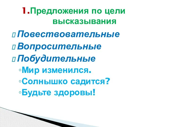 Повествовательные Вопросительные Побудительные Мир изменился. Солнышко садится? Будьте здоровы! 1.Предложения по цели высказывания