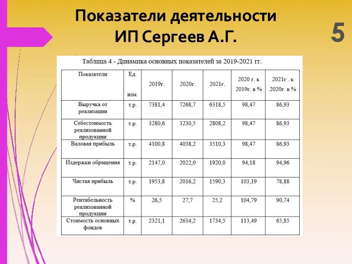 Показатели деятельности ИП Сергеев А.Г. 5