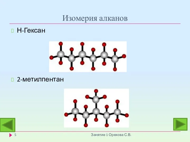 Изомерия алканов Занятие 1 Орехова С.В. Н-Гексан 2-метилпентан