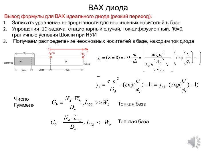 ВАХ диода Вывод формулы для ВАХ идеального диода (резкий переход): Записать