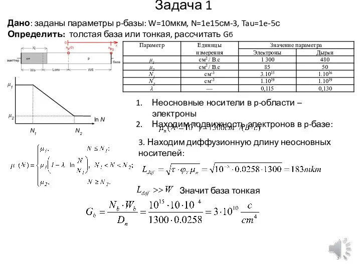 Неосновные носители в p-области – электроны Находим подвижность электронов в p-базе: