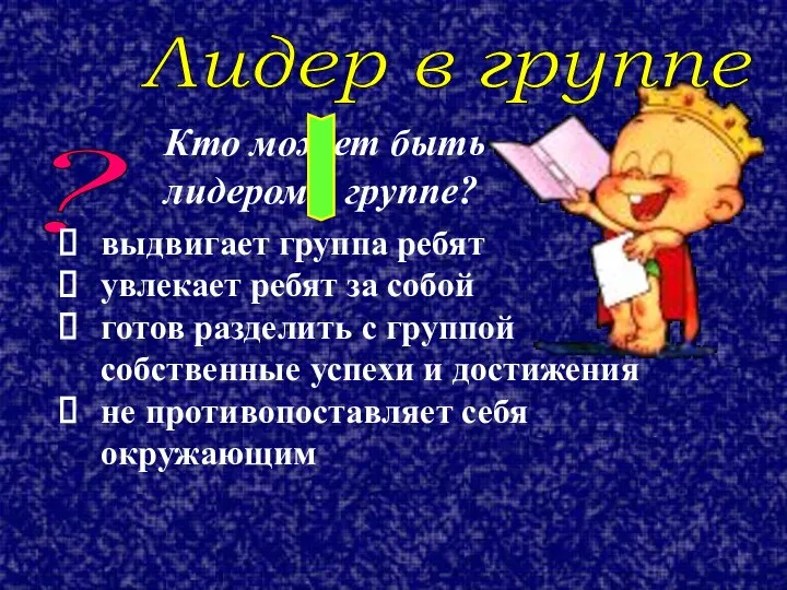 ? Лидер в группе Кто может быть лидером в группе? выдвигает