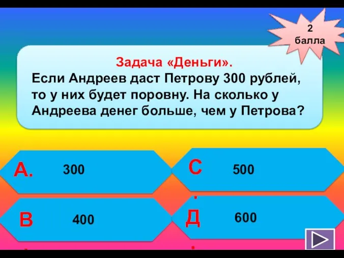 2 балла А. В. С. Д. Задача «Деньги». Если Андреев даст