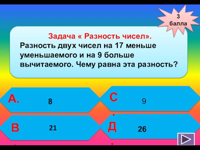 3 балла А. В. С. Д. Задача « Разность чисел». Разность