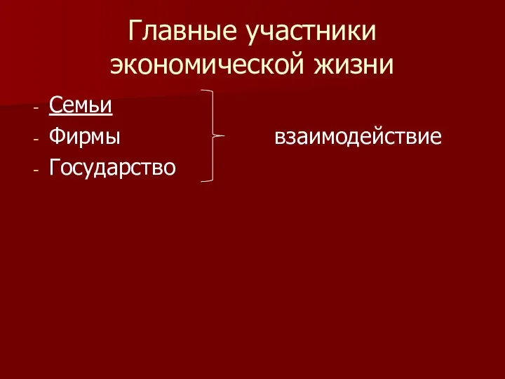 Главные участники экономической жизни Семьи Фирмы взаимодействие Государство