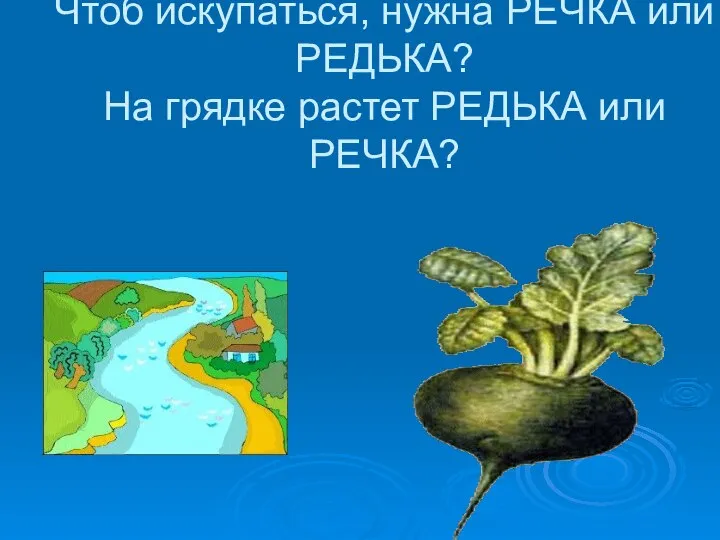 Чтоб искупаться, нужна РЕЧКА или РЕДЬКА? На грядке растет РЕДЬКА или РЕЧКА?