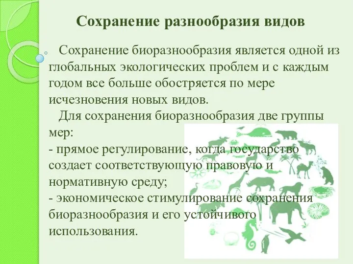 Сохранение разнообразия видов Сохранение биоразнообразия является одной из глобальных экологических проблем