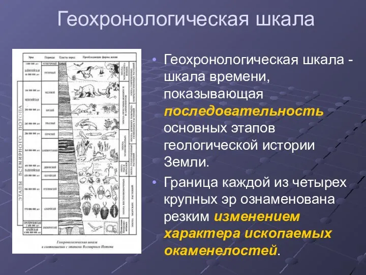 Геохронологическая шкала Геохронологическая шкала - шкала времени, показывающая последовательность основных этапов