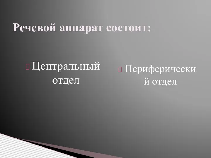 Центральный отдел Периферический отдел Речевой аппарат состоит: