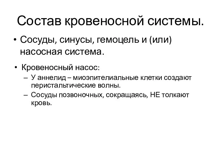 Состав кровеносной системы. Сосуды, синусы, гемоцель и (или) насосная система. Кровеносный