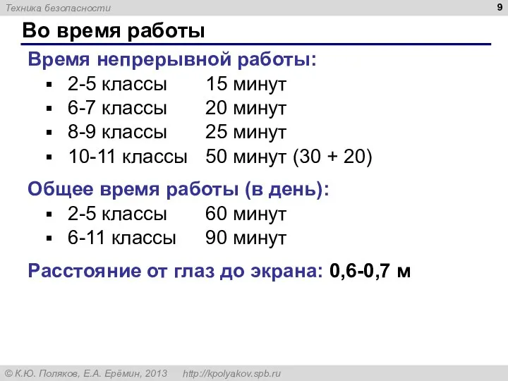 Во время работы Время непрерывной работы: 2-5 классы 15 минут 6-7