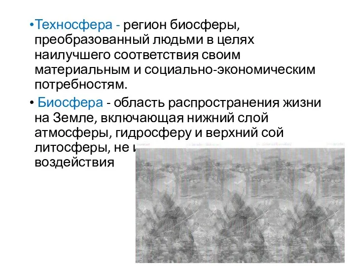 Техносфера - регион биосферы, преобразованный людьми в целях наилучшего соответствия своим